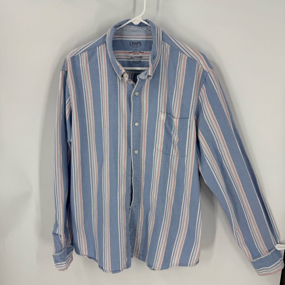 Chaps 100% cotton long-sleeve button-down shirt blue pink white stripes. XXL